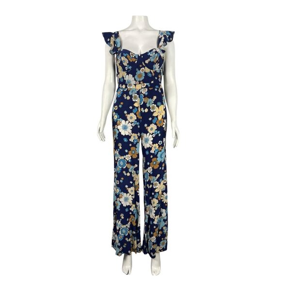 For Love and Lemons Magnolia Jumpsuit Small Blue Floral Ruffle 70s Wide Leg - Picture 1 of 9